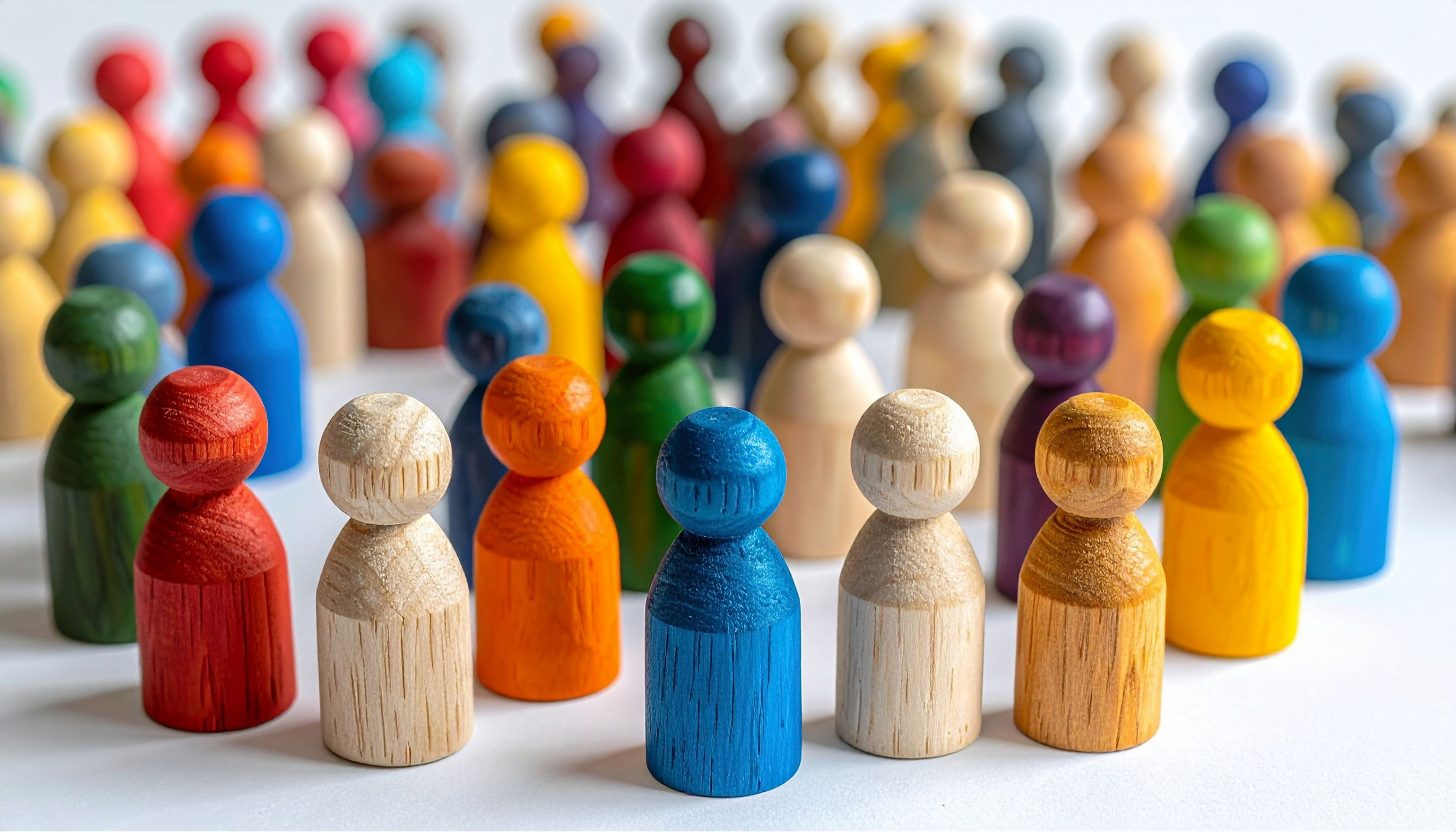 Grupo numeroso de figuras de madera de colores representando una comunidad diversa y unida en Nueva Valdeluz.