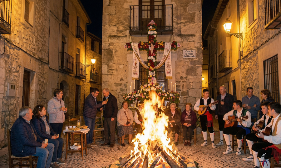 Celebración de los mayos de pastrana con hoguera y devoción a la cruz